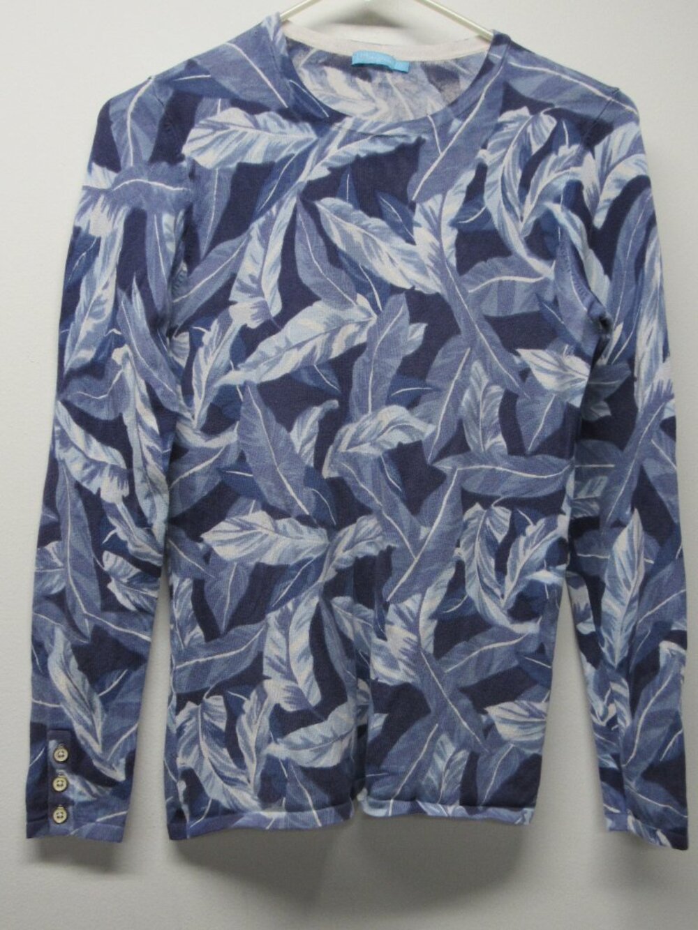 J McLaughlin Blue Tropical Leaf Print Knit Lightweight Sweater Top Shirt S READ